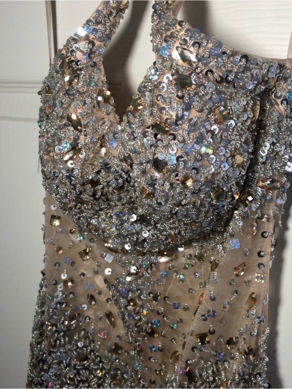 Embellished Nude Sequin Evening Dress